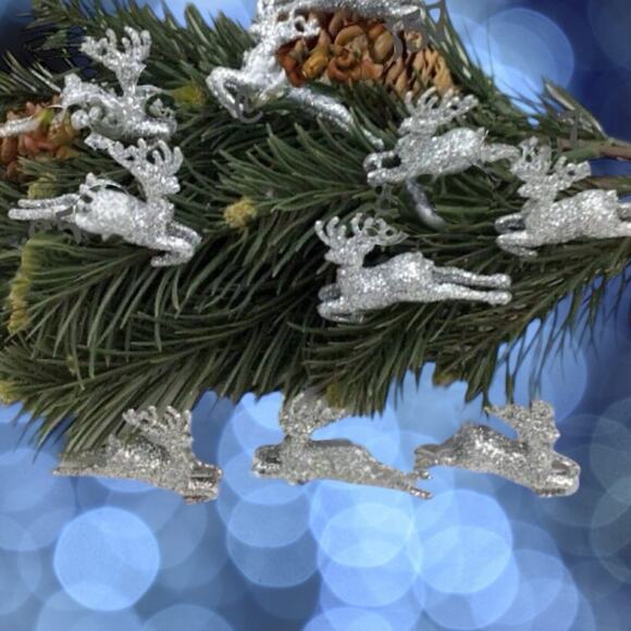 10 Silver Leaping Reindeer Mini Christmas Tree Ornaments Glitter - Picture 2 of 3
